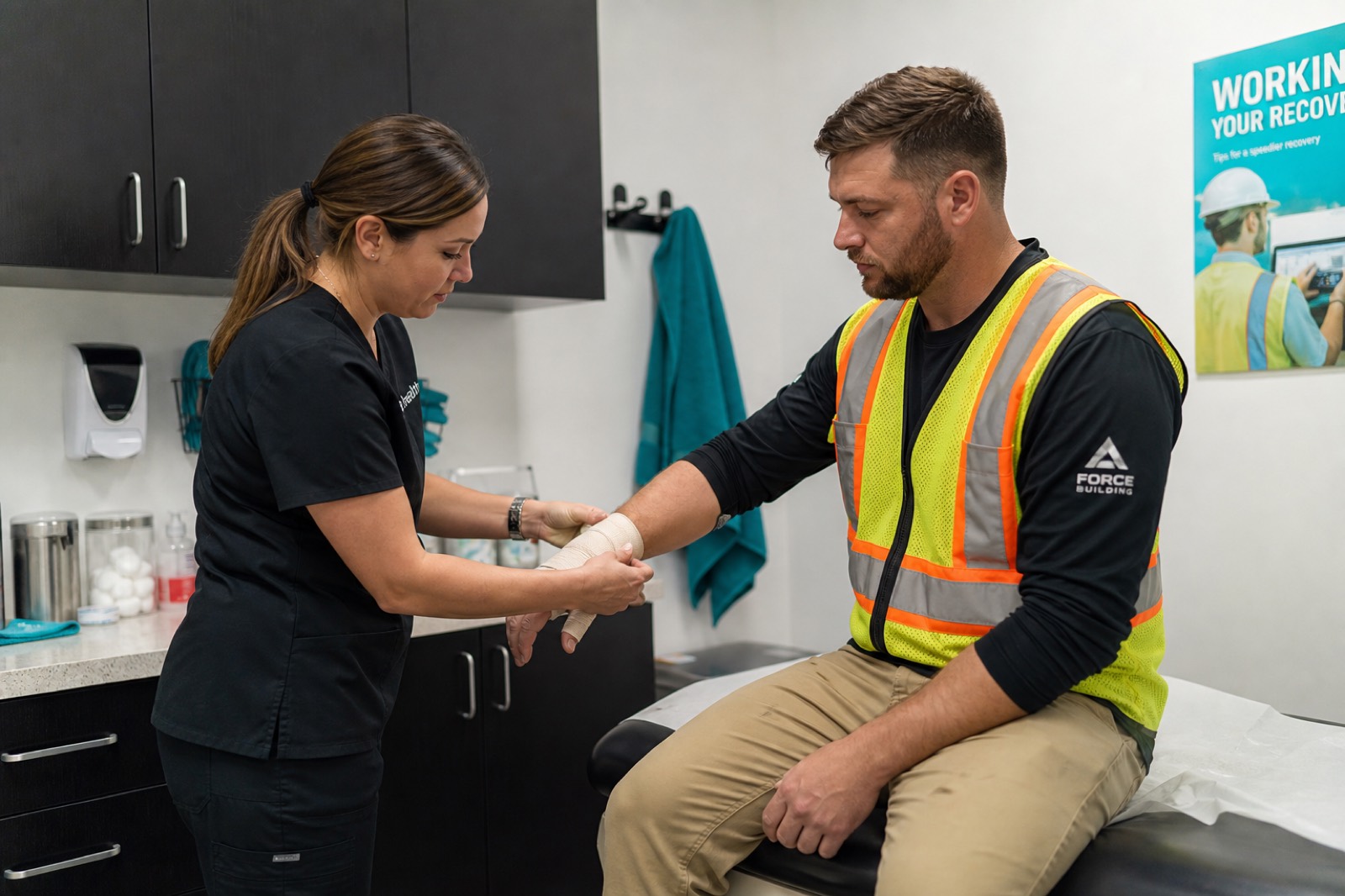 Clinician treating a workplace injury